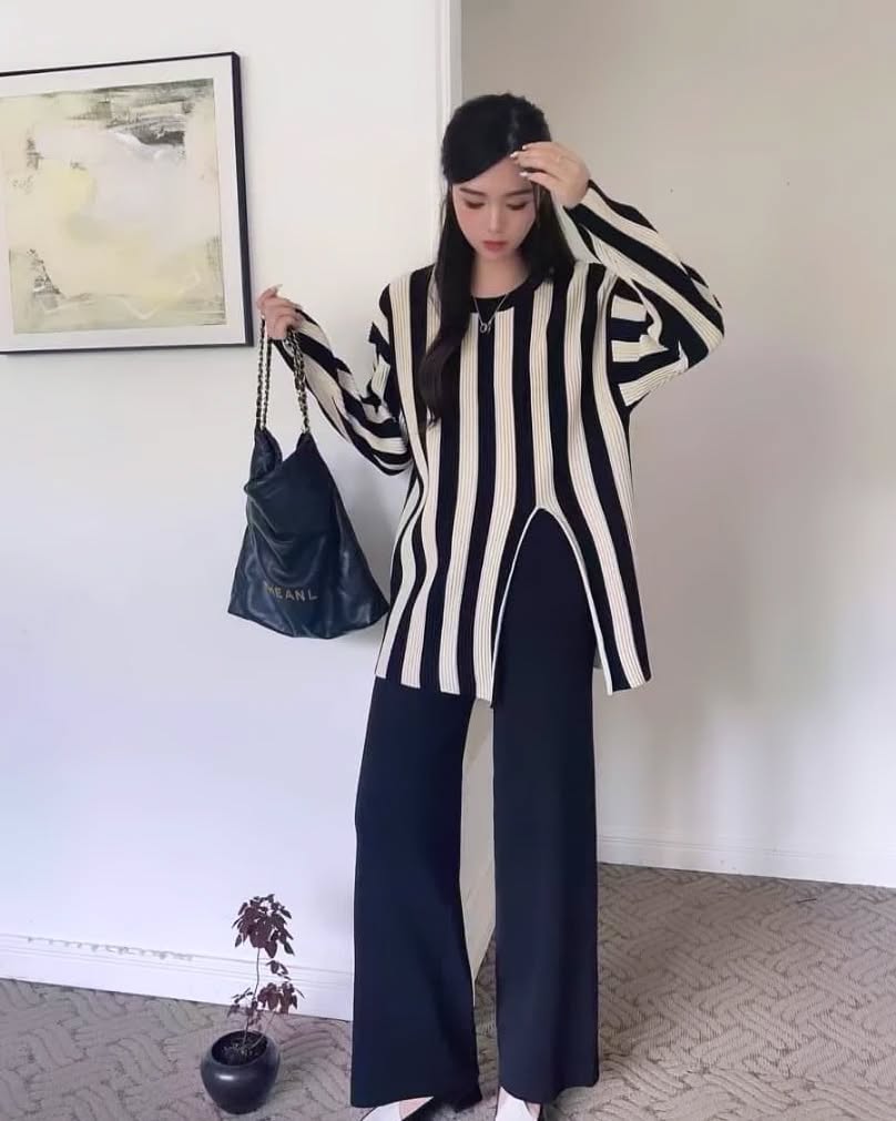 Black - Fashion Striped Split Hem Two Piece Set