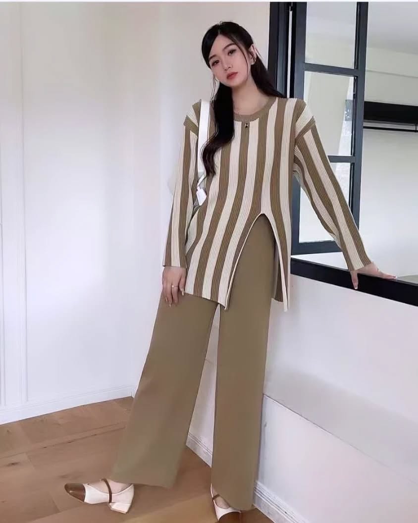 Camel - Fashion Striped Split Hem Two Piece Set