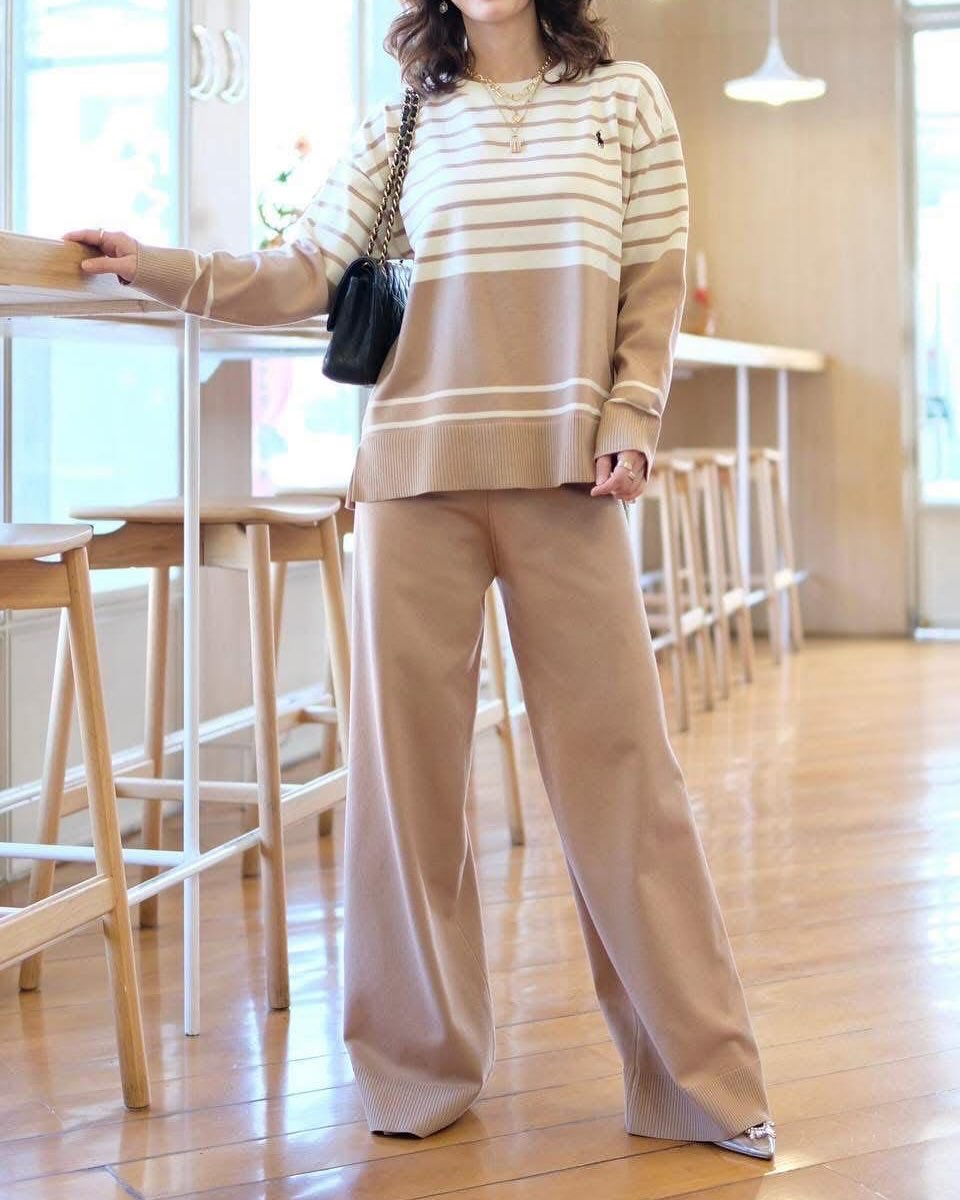 Khaki - Striped Knitted Loose Two Piece Set