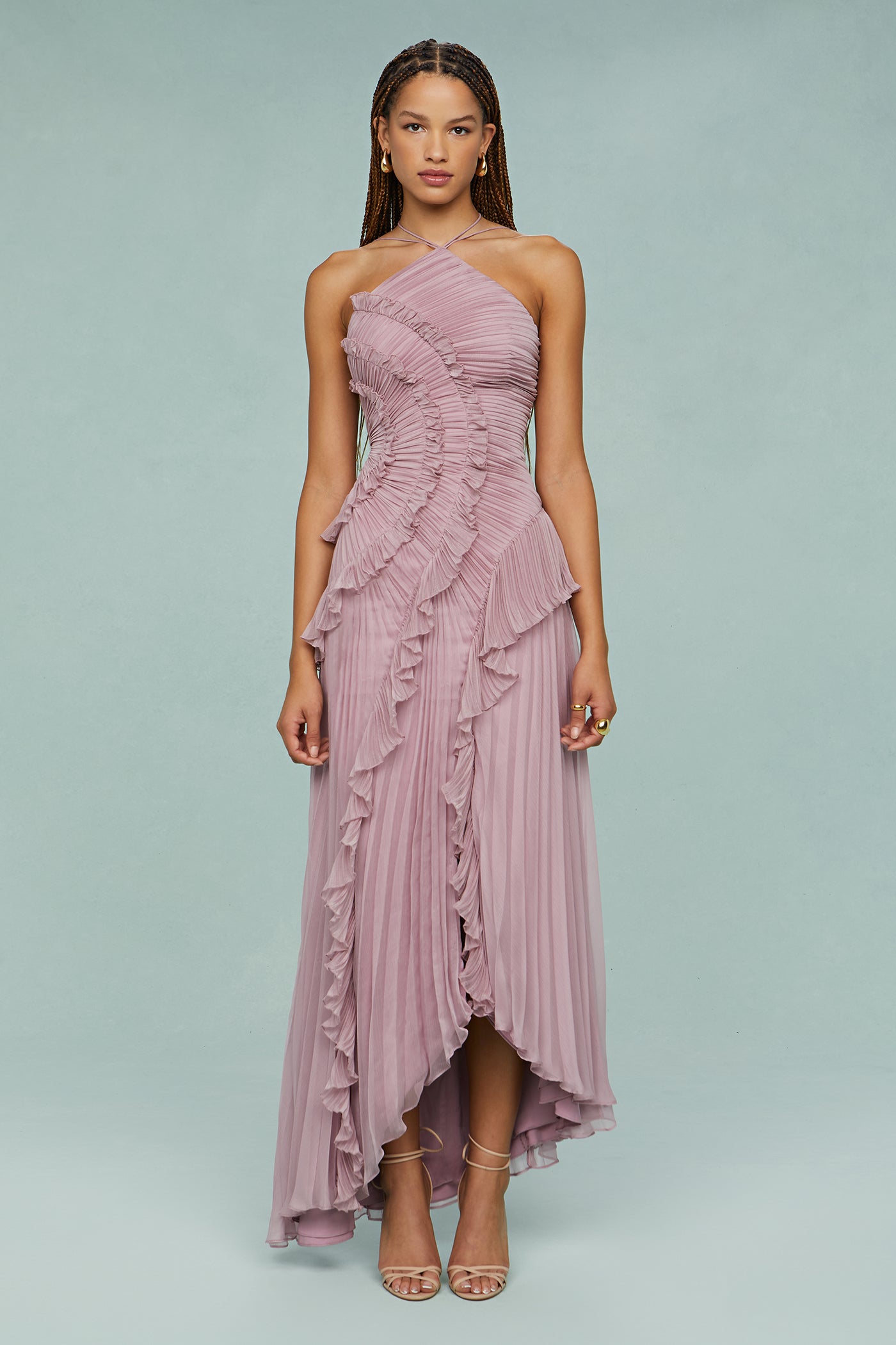 Lotus Pink – Flowy Backless Halter Dress with Pointed Collar