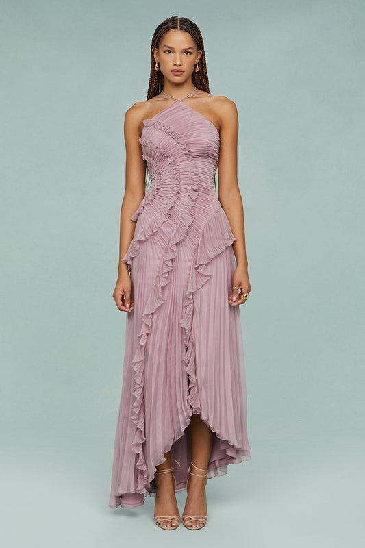 Lotus Pink – Flowy Backless Halter Dress with Pointed Collar