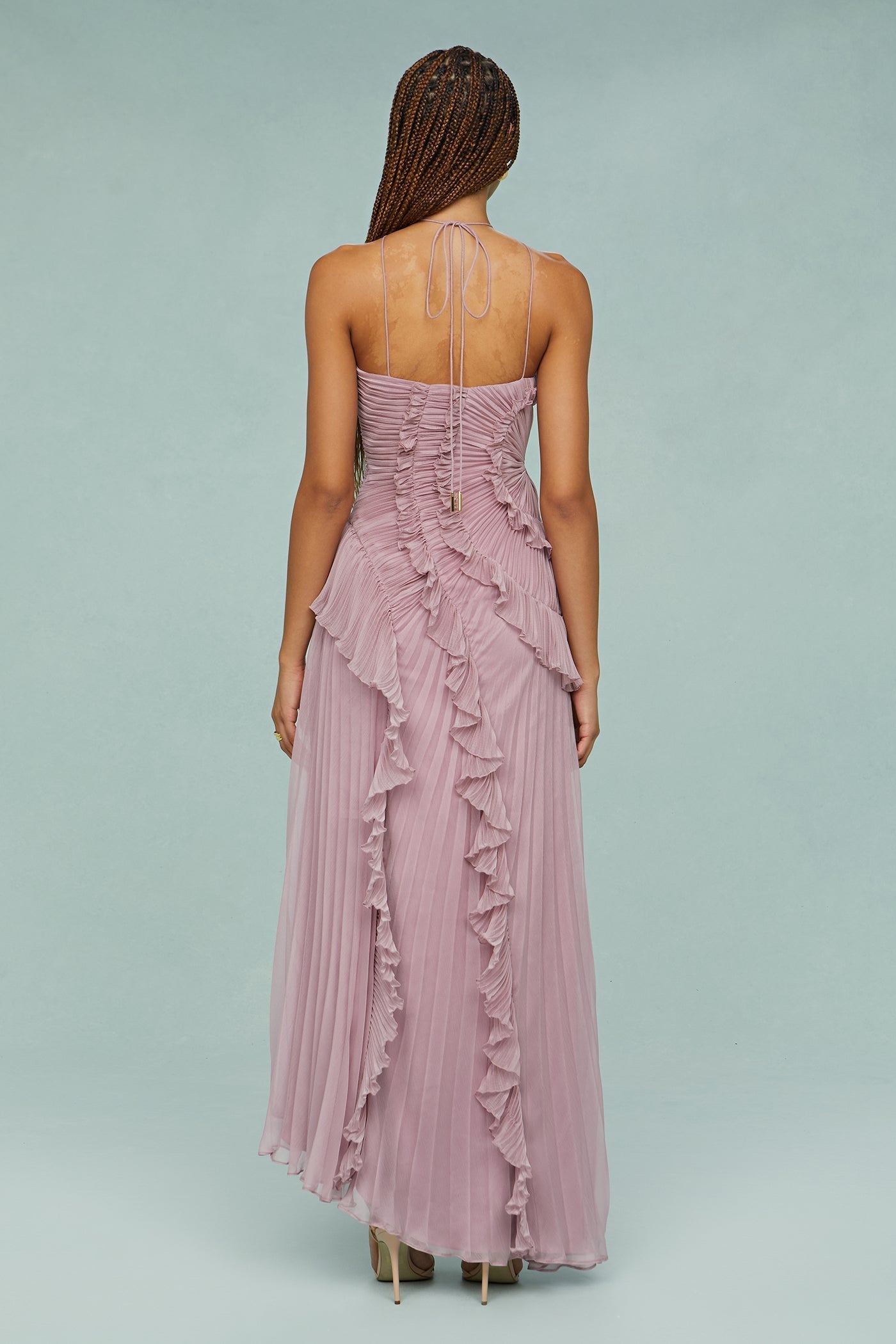 Lotus Pink – Flowy Backless Halter Dress with Pointed Collar