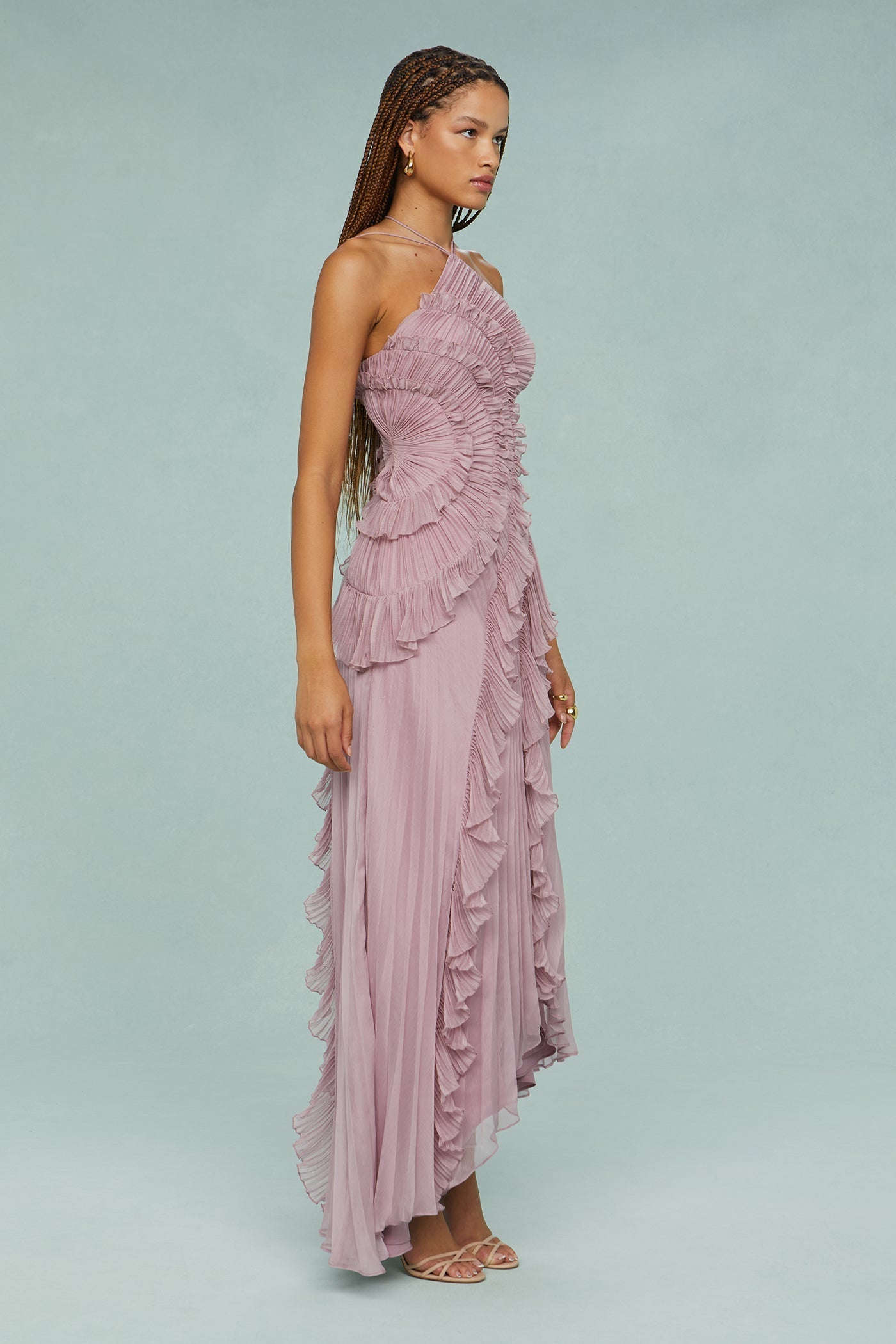 Lotus Pink – Flowy Backless Halter Dress with Pointed Collar