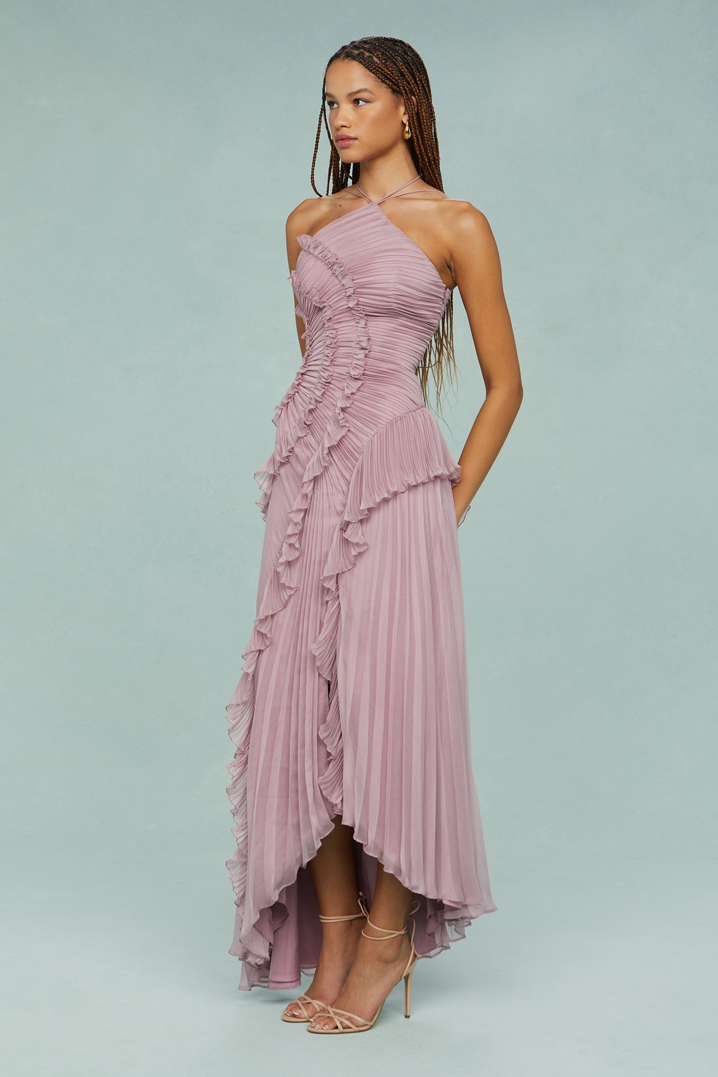 Lotus Pink – Flowy Backless Halter Dress with Pointed Collar