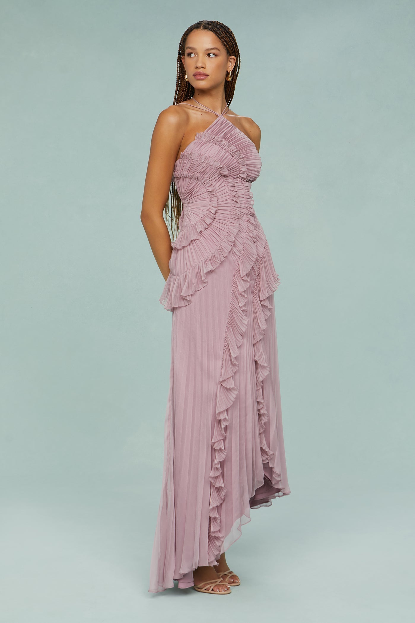 Lotus Pink – Flowy Backless Halter Dress with Pointed Collar