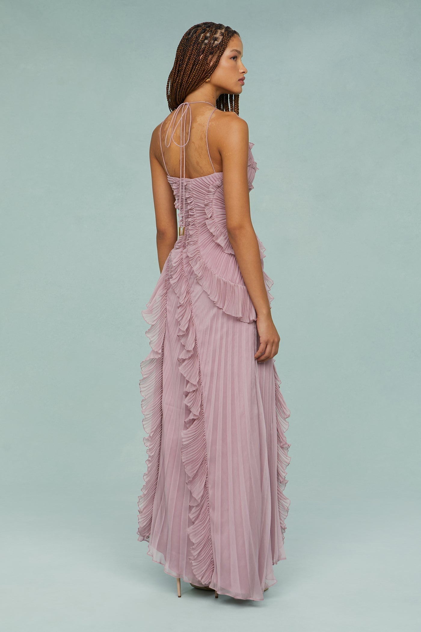 Lotus Pink – Flowy Backless Halter Dress with Pointed Collar