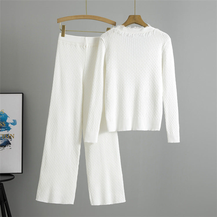 White – Solid Color Slim-Fit Knit Two Piece Set