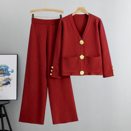 Knitted Cardigan Sweater Two Piece Set - Wine Red