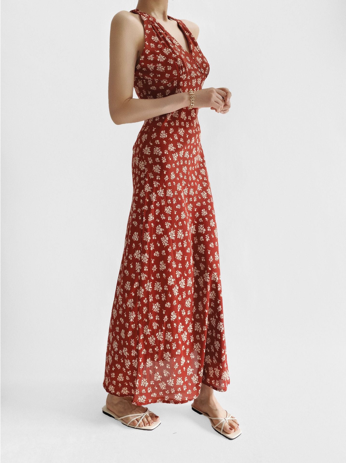 Red – Floral Halter Neck Sexy Dress