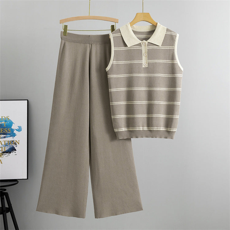 Camel - Lapelless Knitted Sleeveless Vest Two Piece Set