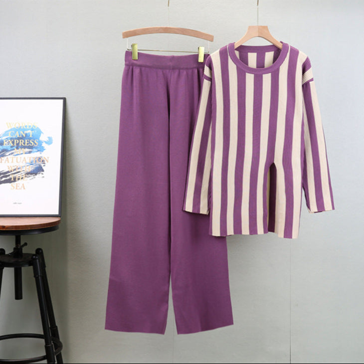Purple - Fashion Striped Split Hem Two Piece Set