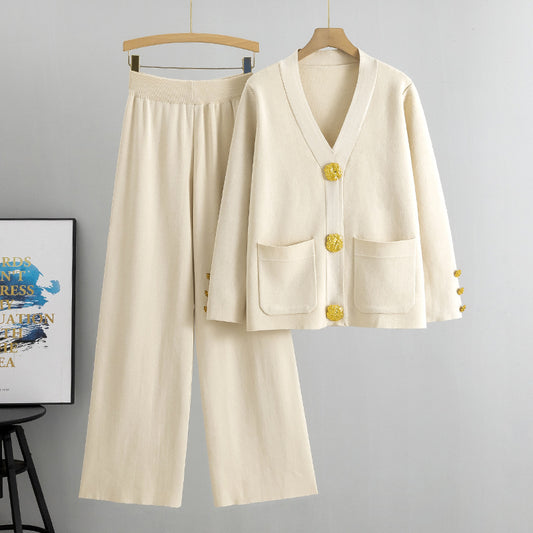 Knitted Cardigan Sweater Two Piece Set - Apricot