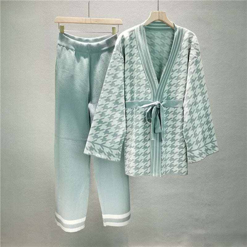 Light Green - Mid-Length Knitted Cardigan Two Piece Set