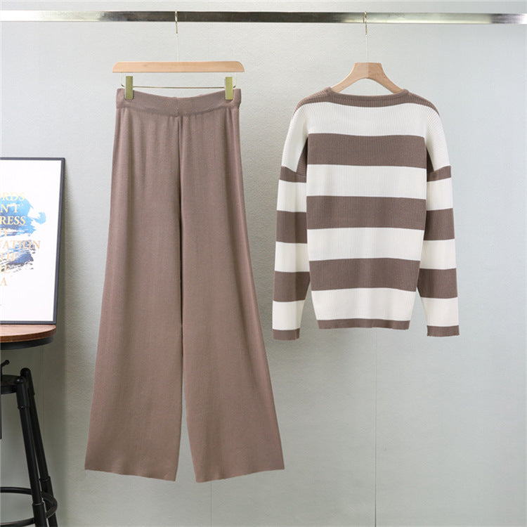 Camel - Striped Knit Top & Pants Set
