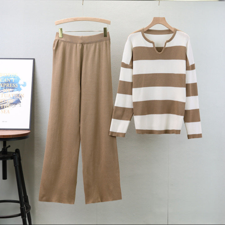 Khaki - Striped Knit Top & Pants Set