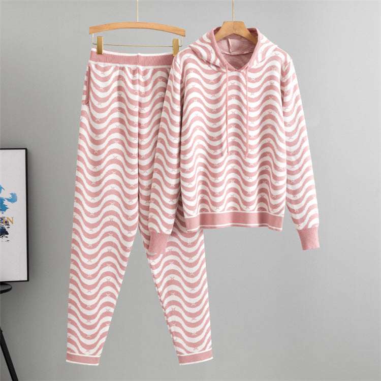 Pink - Wavy Striped Sweater Two Piece Set
