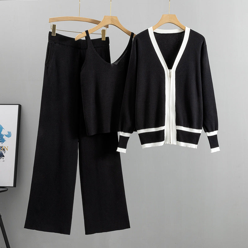 Black – Knit Cardigan Cami Three Piece Set.