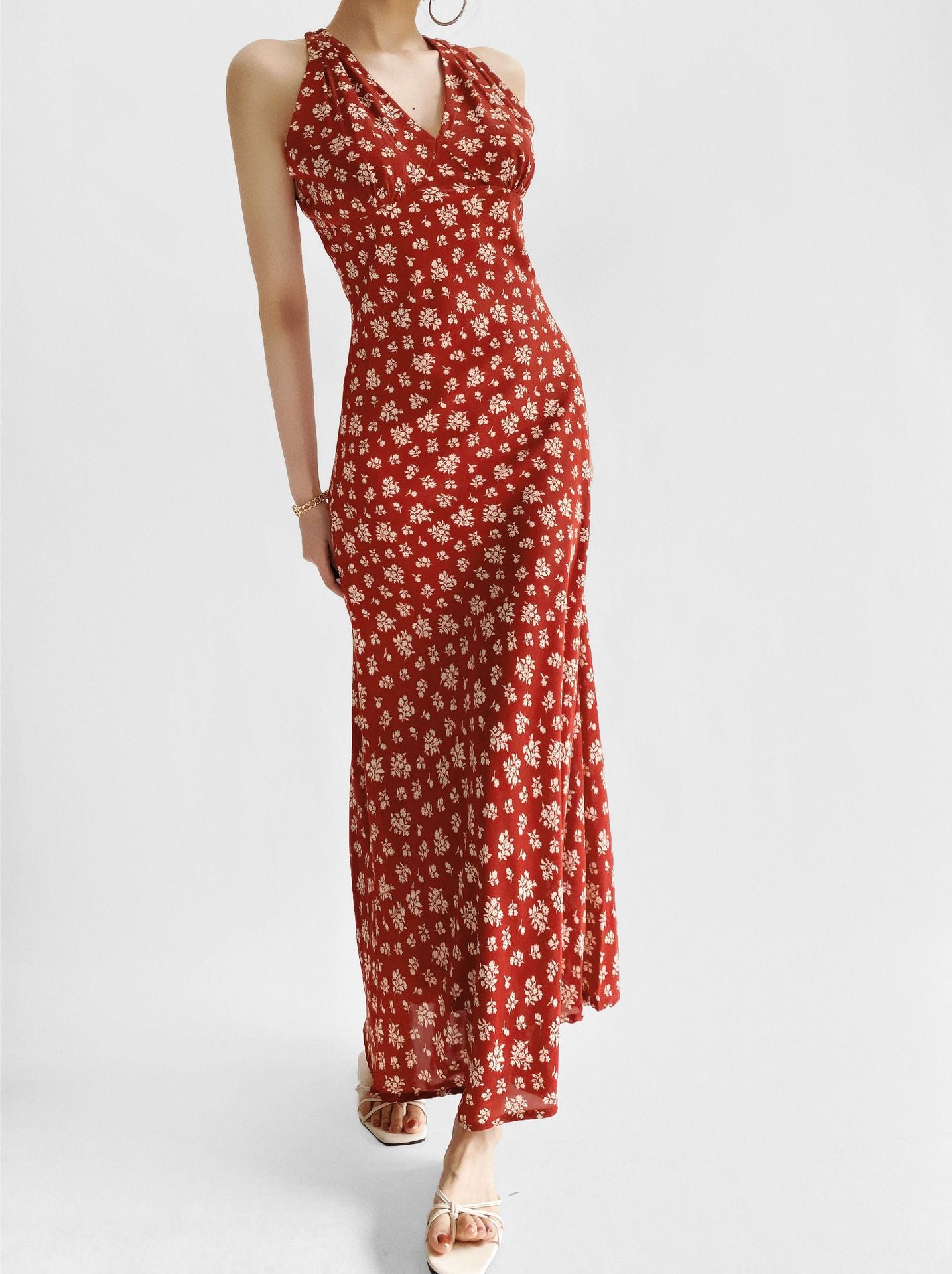 Red – Floral Halter Neck Sexy Dress