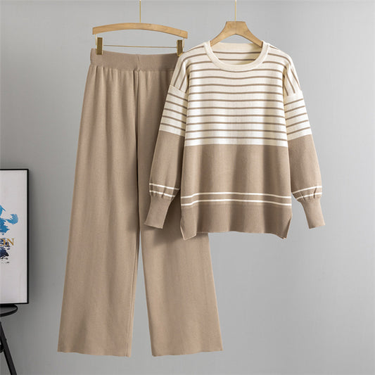 Khaki - Striped Knitted Loose Two Piece Set