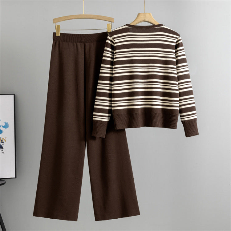 Coffee - Casual Wide-Leg Knitted Two Piece Set