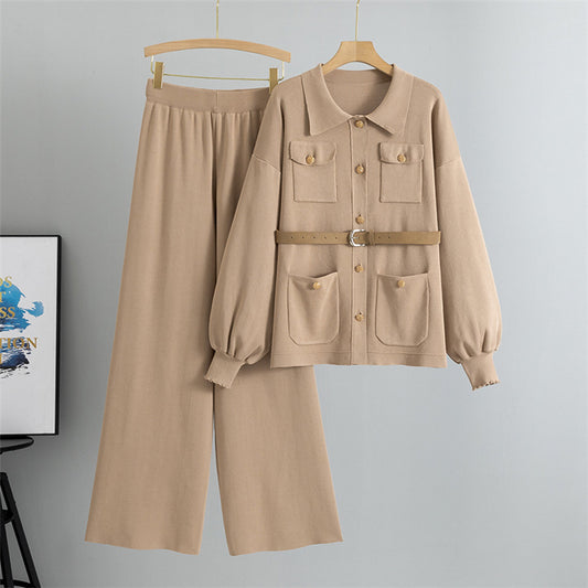Khaki - Fashionable & Comfortable Lapel Two Piece Set