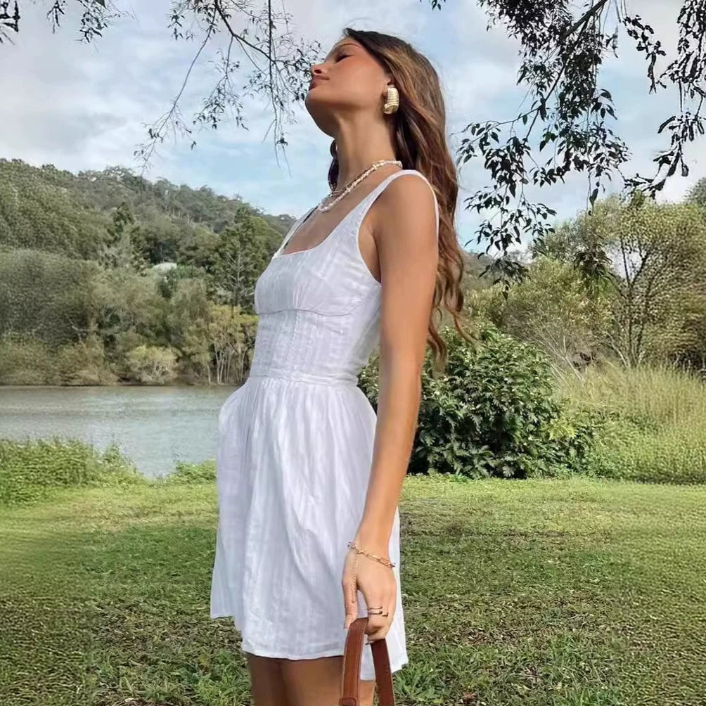 White – Vintage Jacquard Waist-Tightening Dress