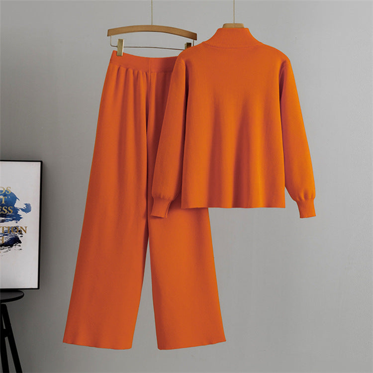 Orange – Knitted Cardigan Wide-Leg Pants Set