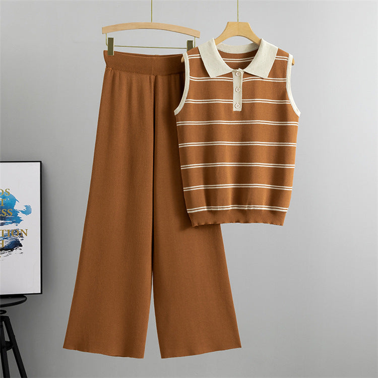 Coffee - Lapelless Knitted Sleeveless Vest Two Piece Set
