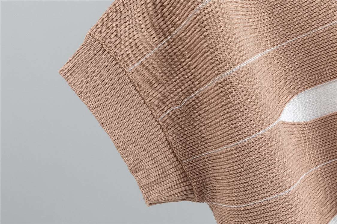 Khaki – Casual Striped Short-Sleeve Two Piece Set