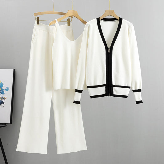 White – Knit Cardigan Cami Three Piece Set.