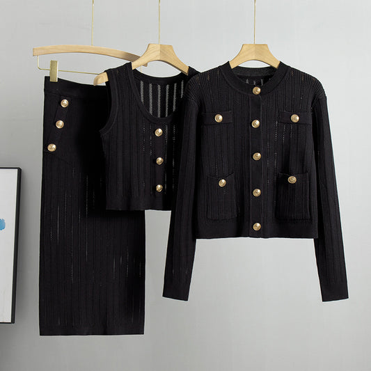 Black – Cardigan Sweater Vest Three Piece Set.