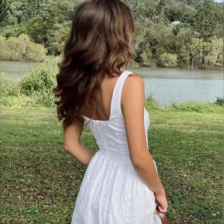 White – Vintage Jacquard Waist-Tightening Dress