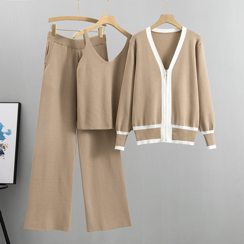 Khaki – Knit Cardigan Cami Three Piece Set.
