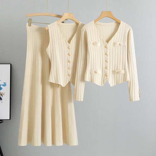 Apricot – Knit Cardigan Vest Three Piece Set.