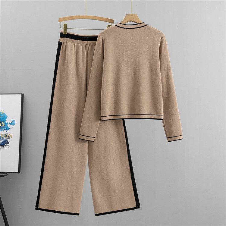 Khaki - Elegant Knitted Cardigan Two Piece Set