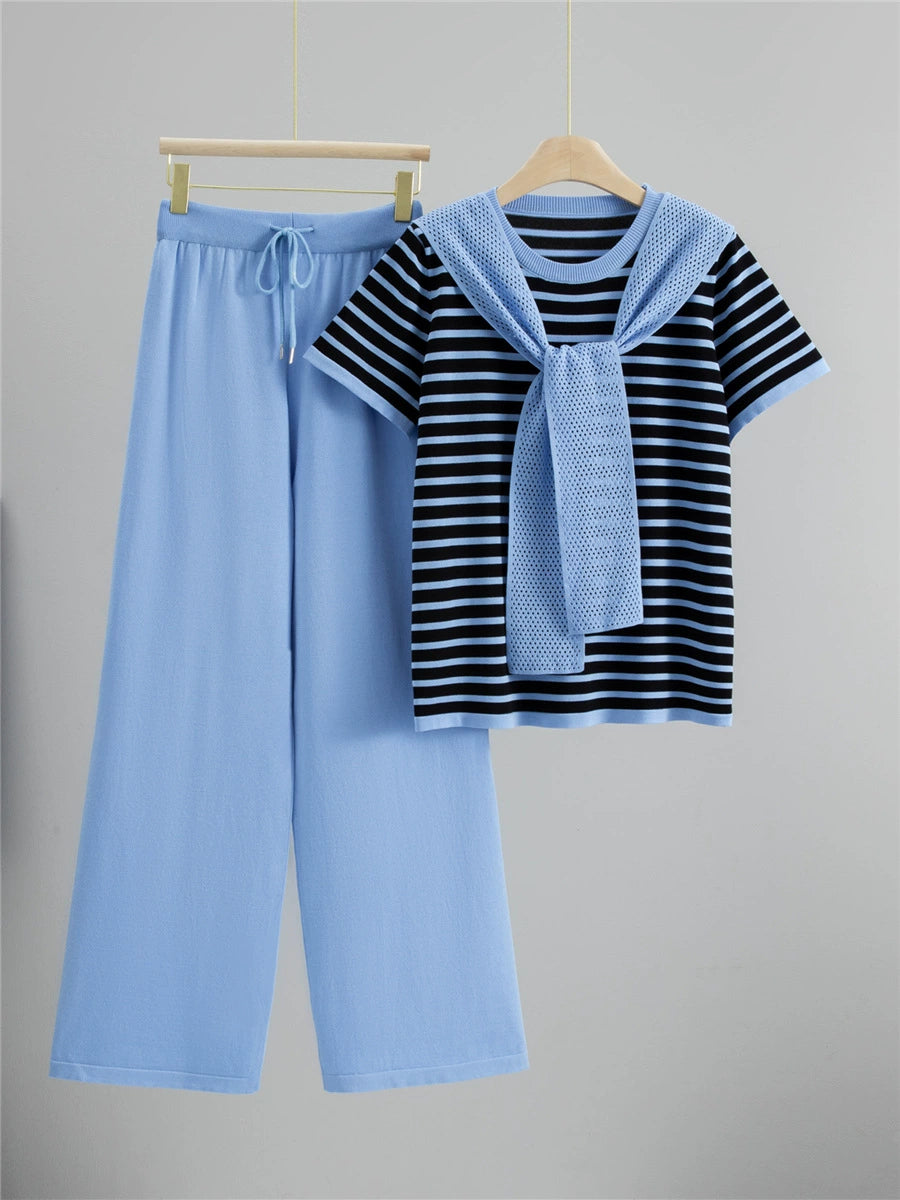Sky Blue – Drawstring Short-Sleeve Striped Two-Piece Set