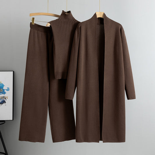 Coffee Elegant Knit Vest Three Piece Set.