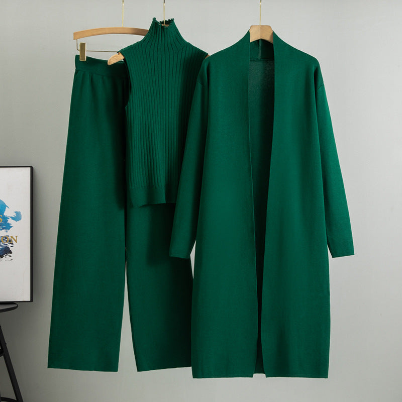Dark Green Elegant Knit Vest Three Piece Set.
