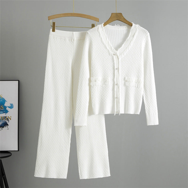 White – Solid Color Slim-Fit Knit Two Piece Set