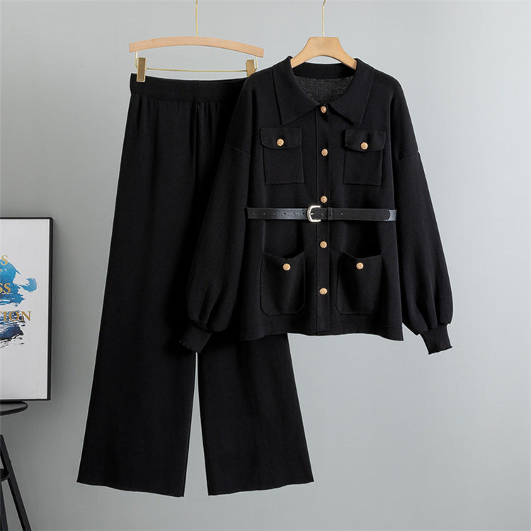 Black - Fashionable & Comfortable Lapel Two Piece Set