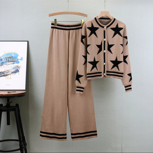 Khaki - Round Neck Knitted Cardigan Two Piece Set
