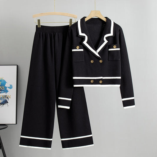 Knitted Cardigan Two Piece Set - Black
