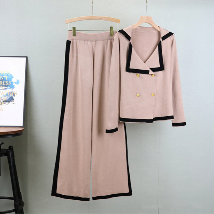 Khaki - Knitted Lapel Cardigan Two Piece Set