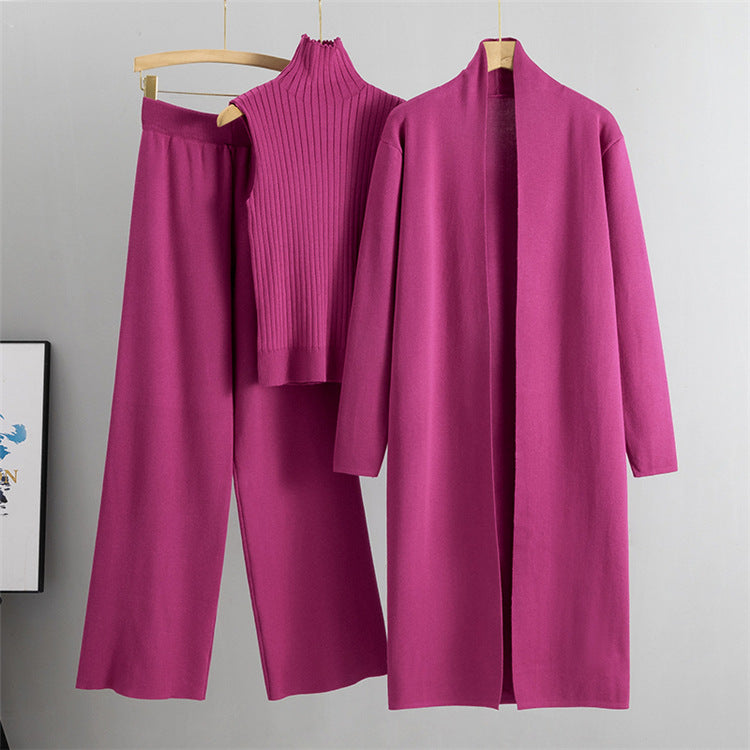 Rose Red Elegant Knit Vest Three Piece Set.
