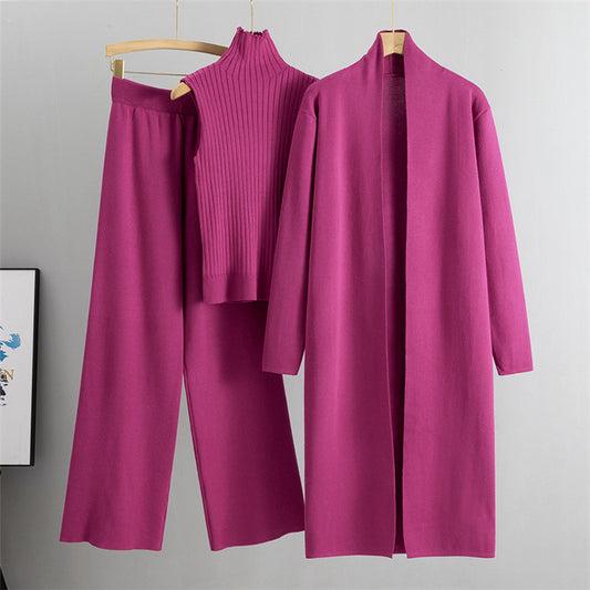 Rose Red Elegant Knit Vest Three Piece Set.