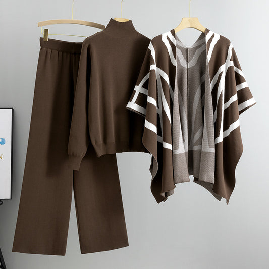 Coffee – Knit Sweater Shawl Three Piece Set.