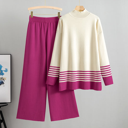 Rose Red - Striped Half-Turtleneck Sweater Two Piece Set