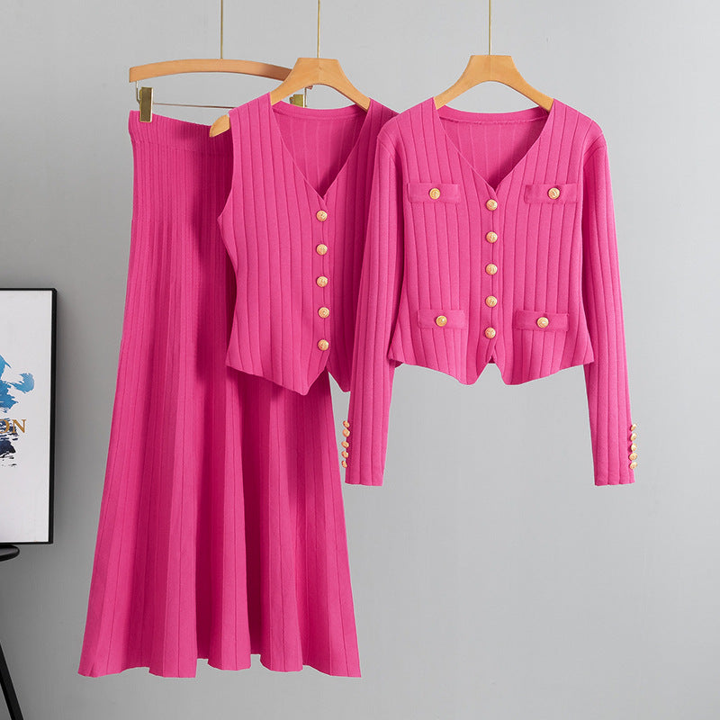 Rose Red – Knit Cardigan Vest Three Piece Set.