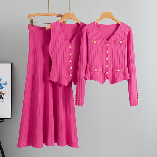 Rose Red – Knit Cardigan Vest Three Piece Set.