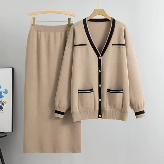 Khaki - Loose Sweater & Midi Skirt Two Piece Set